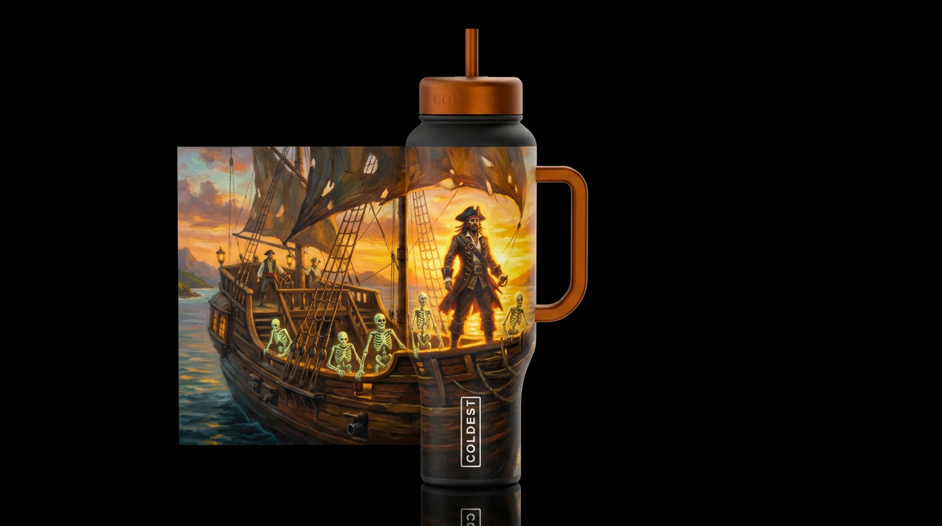 pirate on a pirate ship with a skeleton crew at su... water bottle design