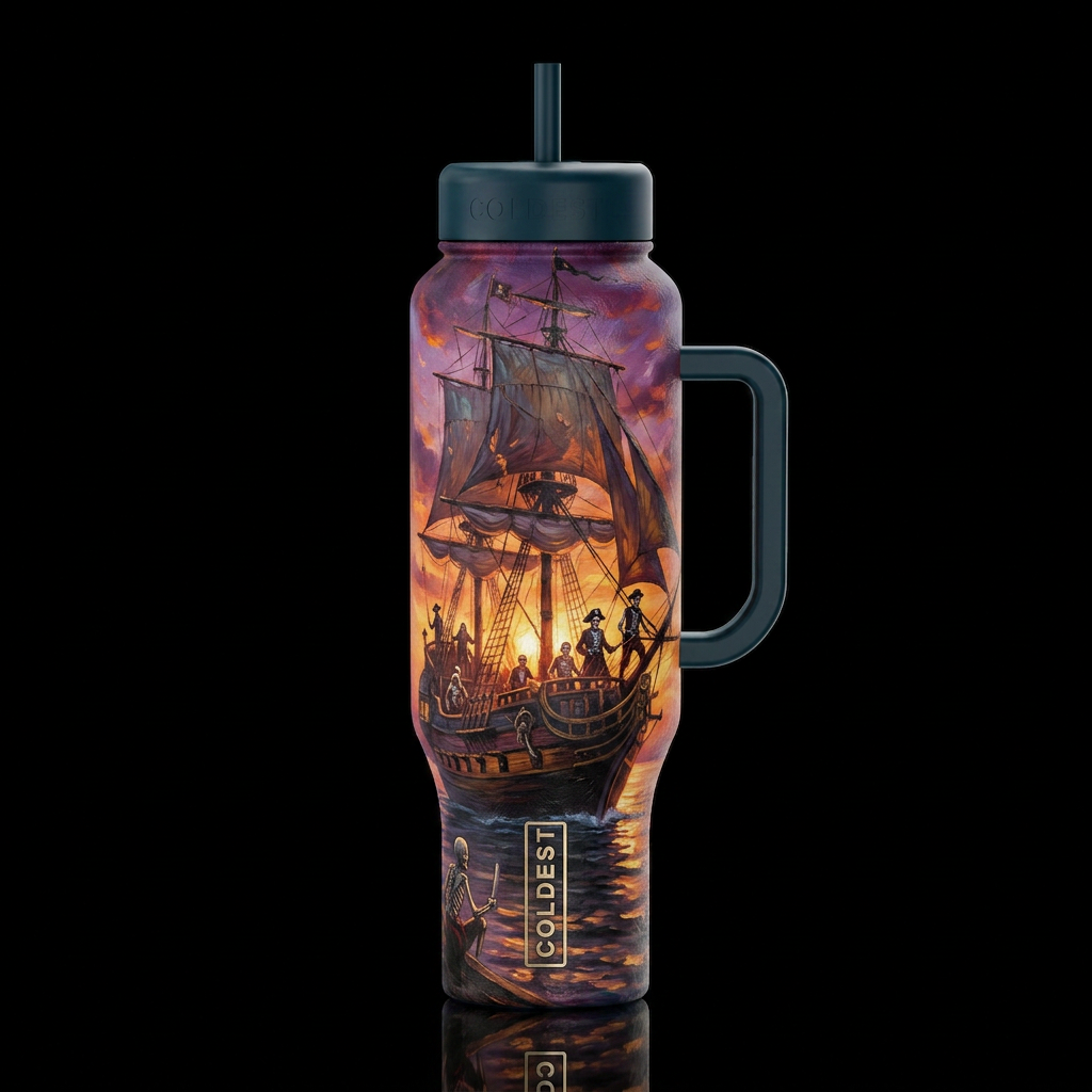 pirate on a pirate ship with a skeleton crew at su... water bottle design