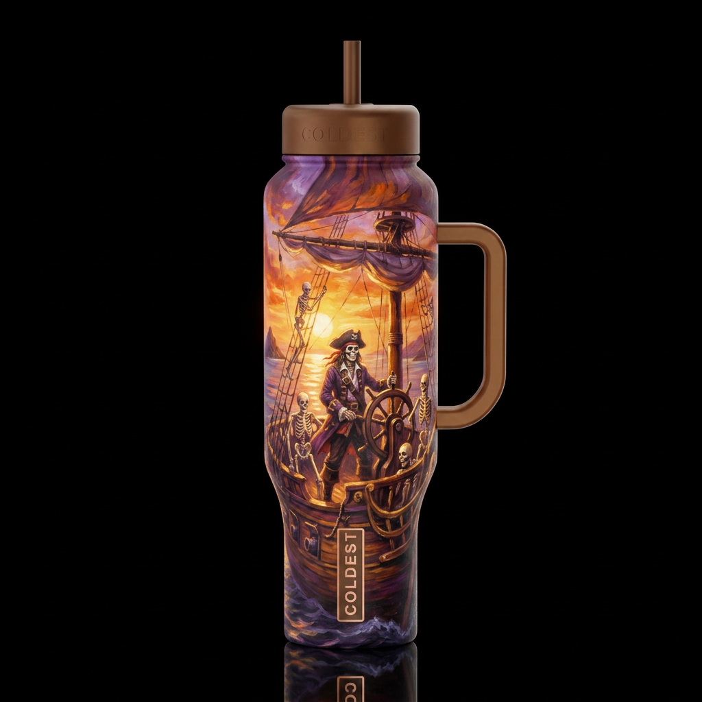 pirate on a pirate ship with a skeleton crew at su... water bottle design