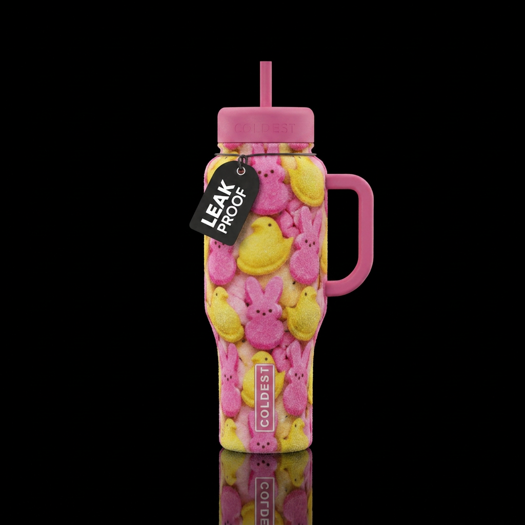 Velvet textured pink yellow peeps marshmallow cand... water bottle design