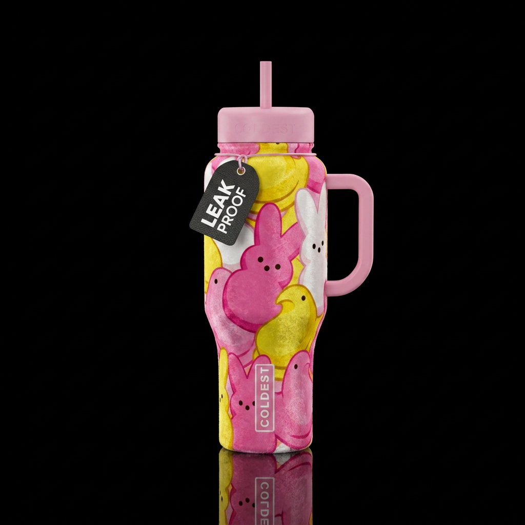 Velvet textured pink yellow peeps marshmallow cand... water bottle design