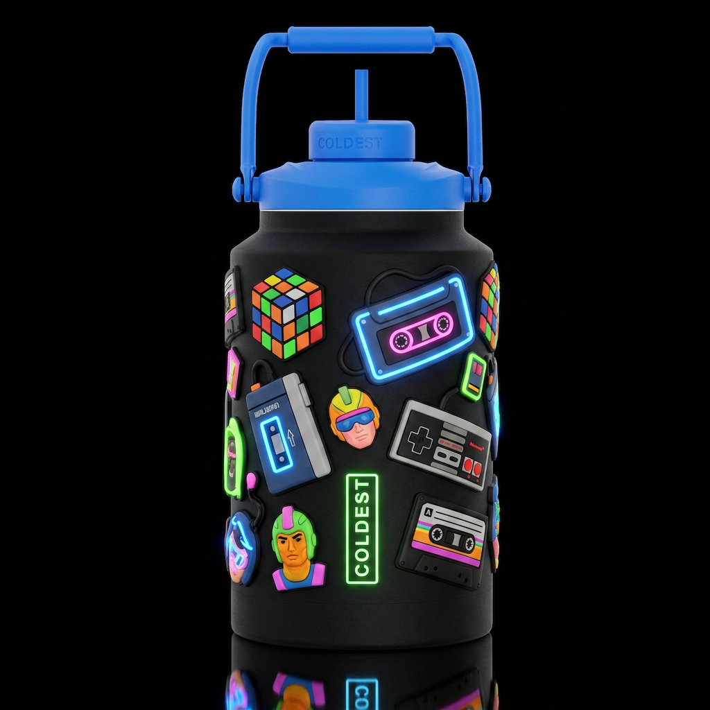 retro 80s toys video games, music, sculpted, glowi... water bottle design