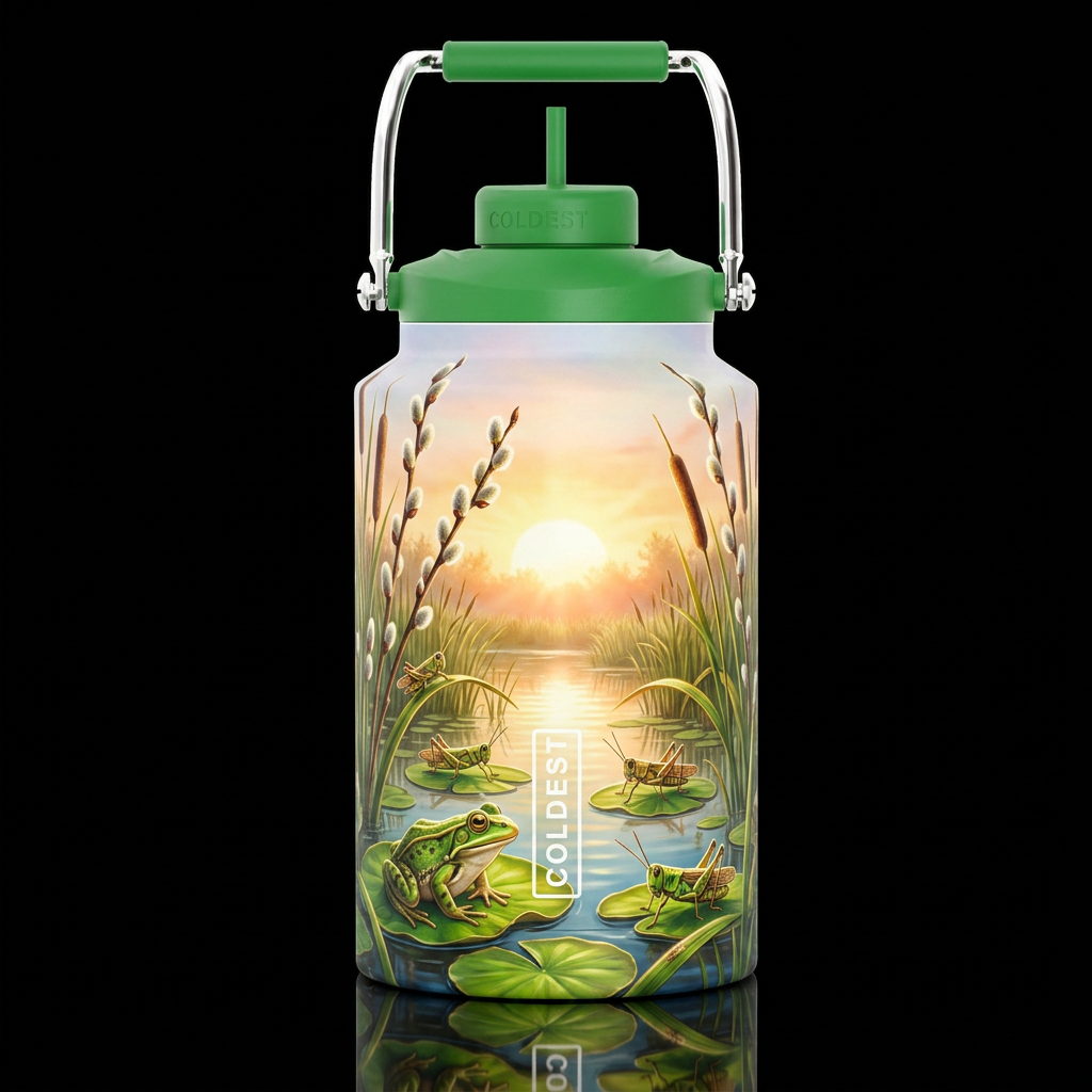 grasshoppers frogs pond lilly pads pussy willows s... water bottle design