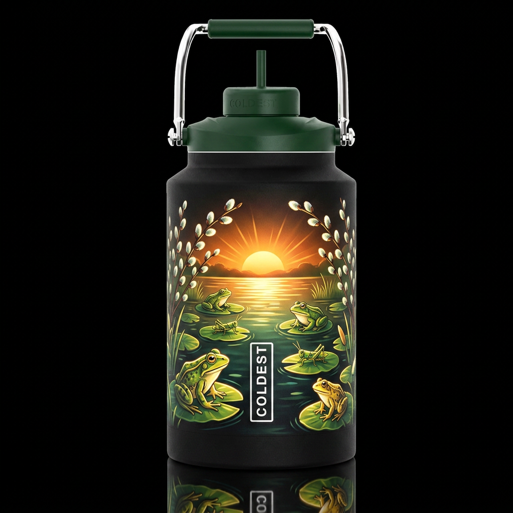 grasshoppers frogs pond lilly pads pussy willows s... water bottle design