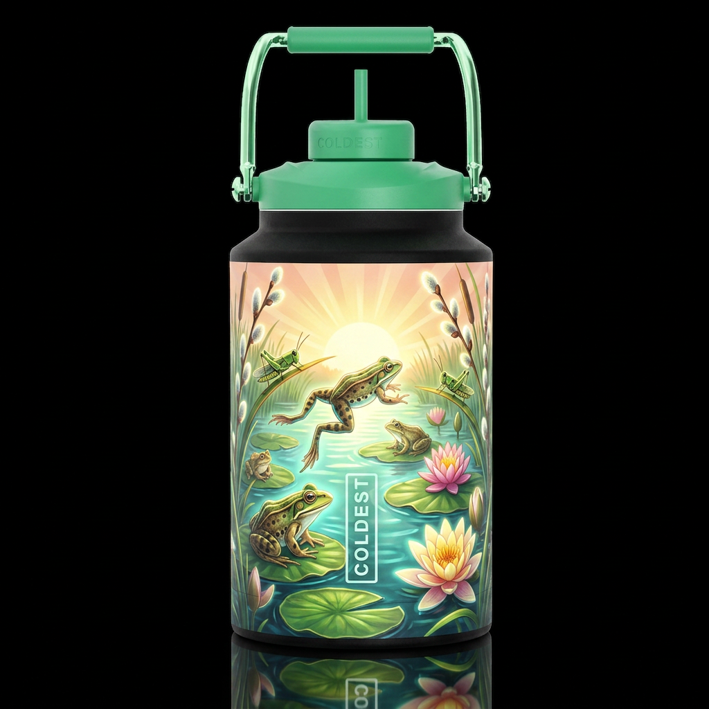 grasshoppers frogs pond lilly pads pussy willows s... water bottle design