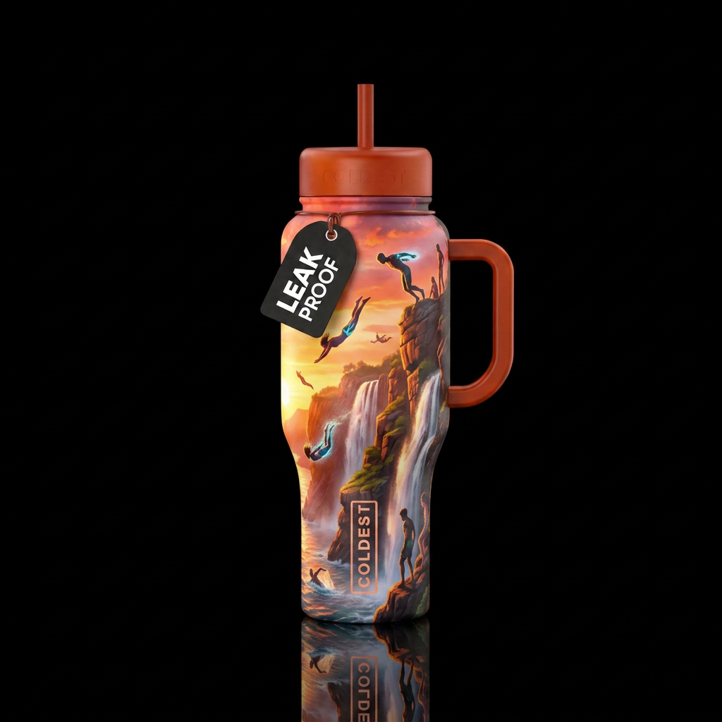 cliff, swimming diving rocks waterfalls sunset glo... water bottle design