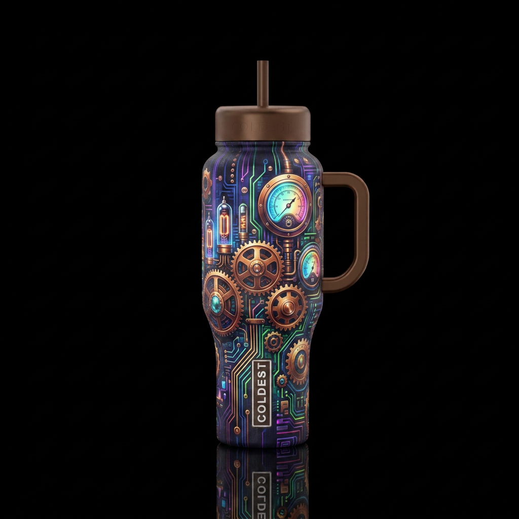 steampunk city, electric, modern, glowie, scientif... water bottle design