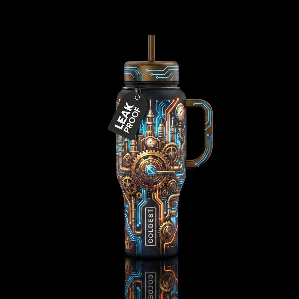 steampunk city, electric, modern, glowie, scientif... water bottle design