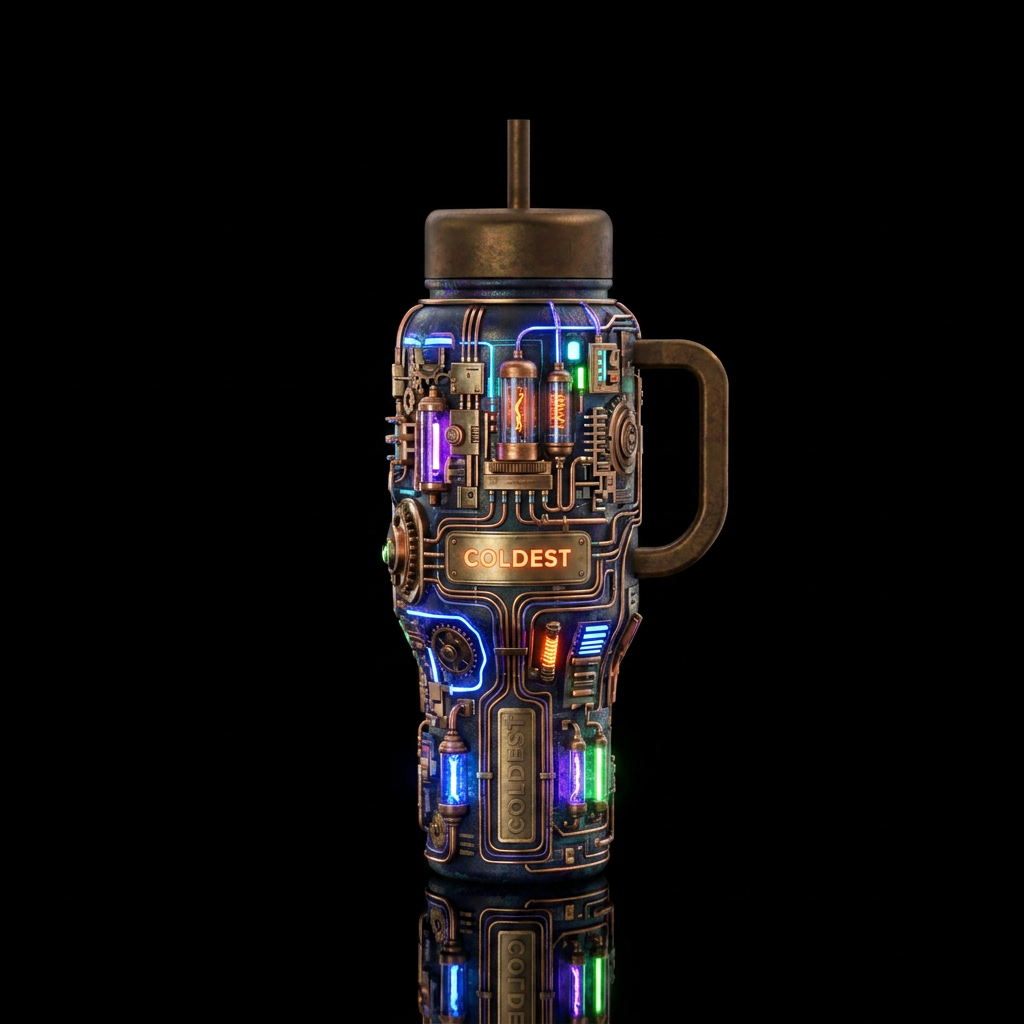 steampunk city, electric, modern, glowie, scientif... water bottle design