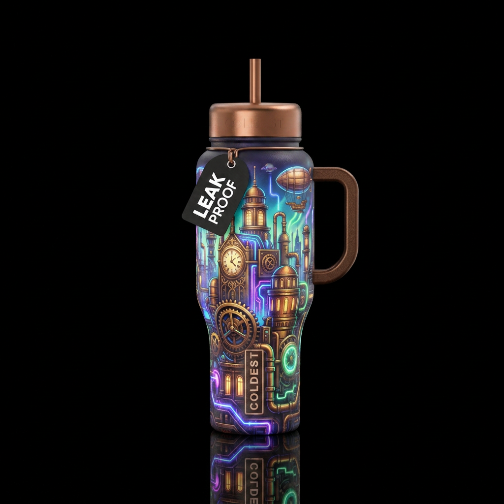 steampunk city, electric, modern, glowie, scientif... water bottle design
