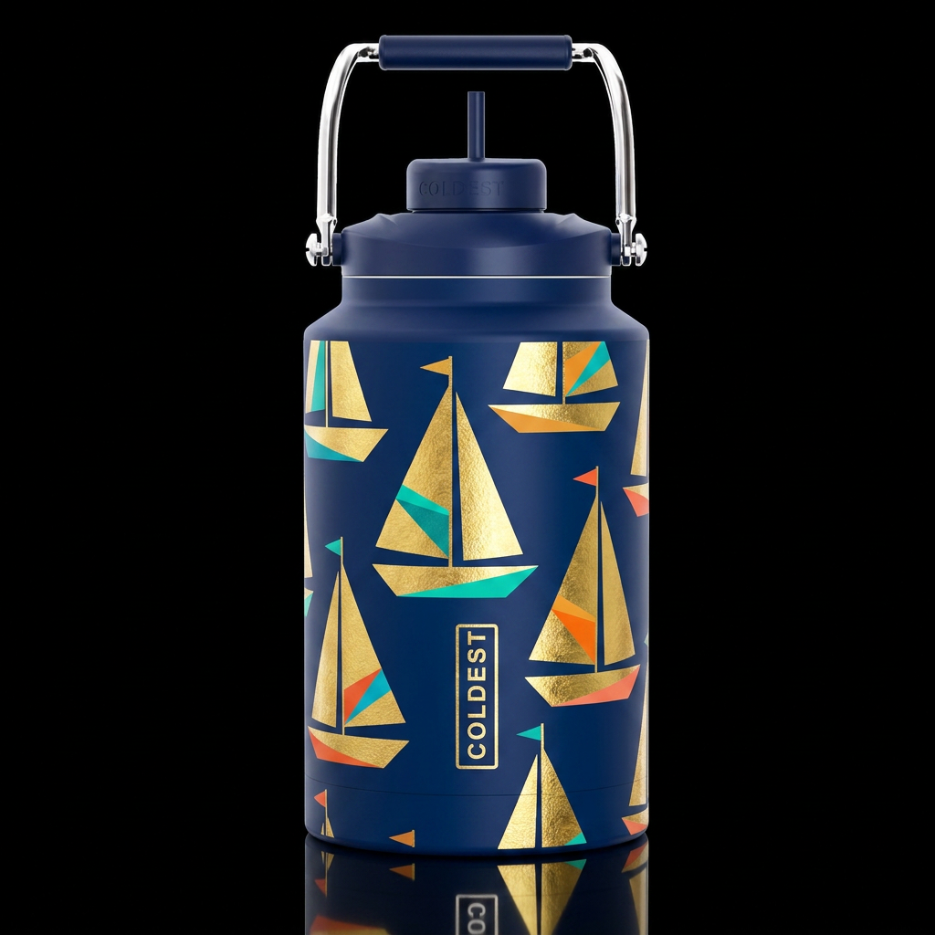 mid century, modern, gold sail boats shiny water bottle design