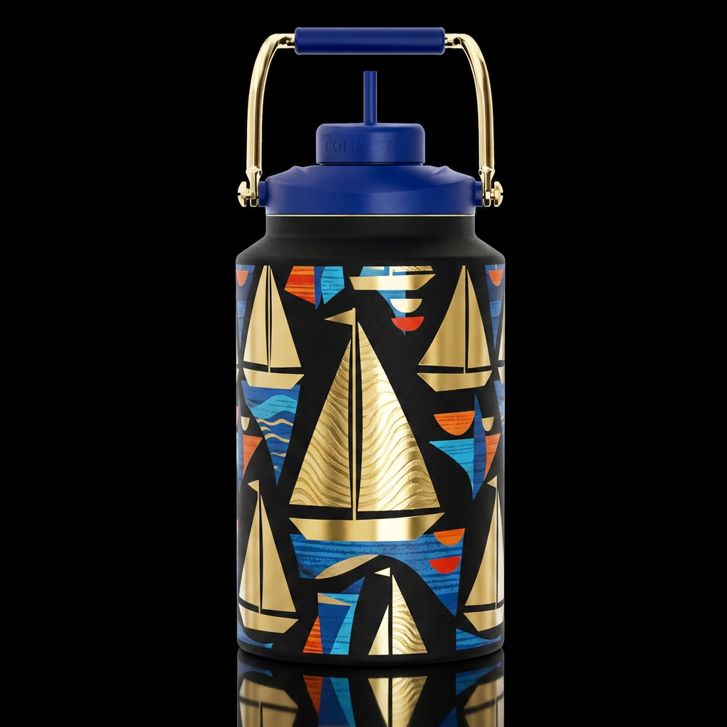 mid century, modern, gold sail boats shiny water bottle design