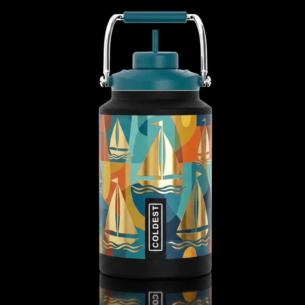 mid century, modern, gold sail boats shiny water bottle design