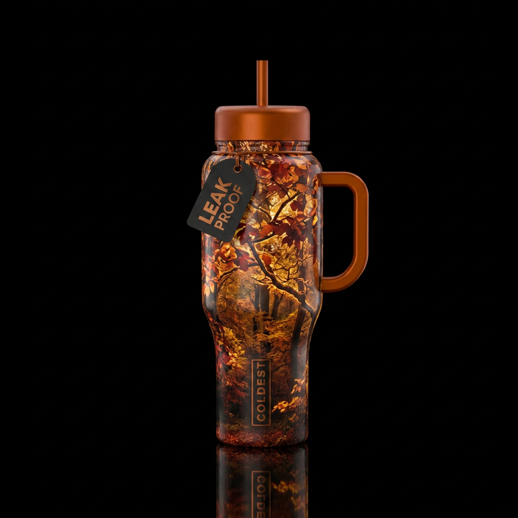 autumn harvest trees leaves, realism, glowie water bottle design