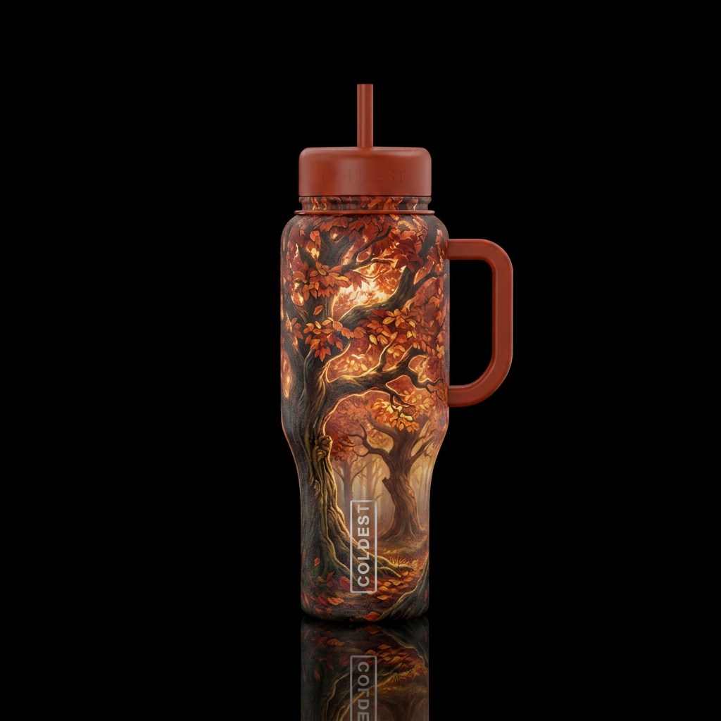 autumn harvest trees leaves, realism, glowie water bottle design