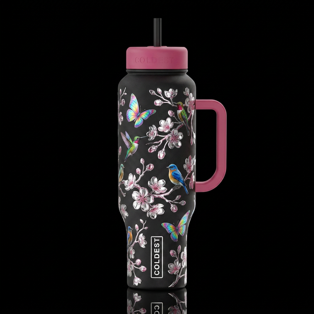 butterfly's cherry blossoms chrome, birds water bottle design