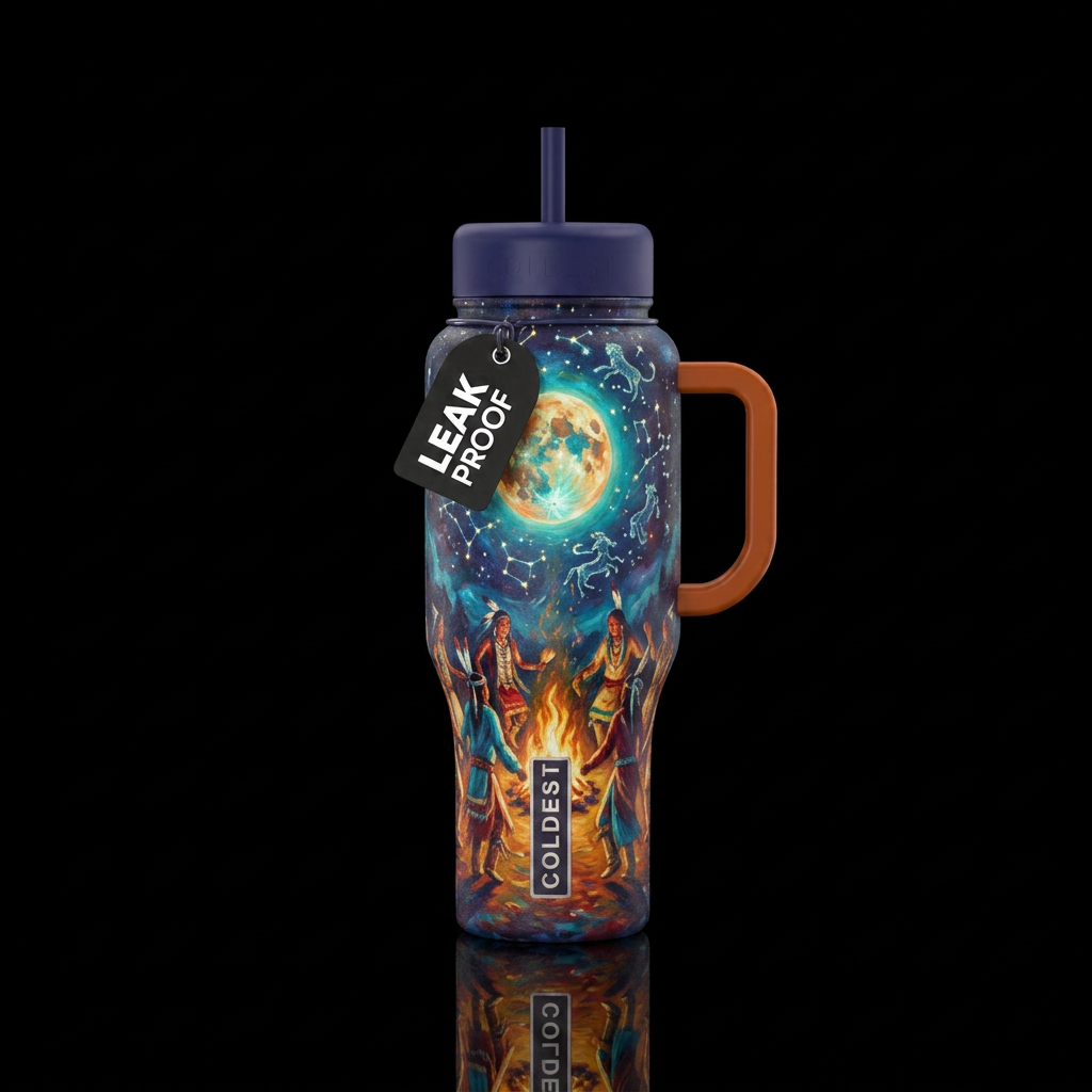 native american, constellation, oil painted rain d... water bottle design