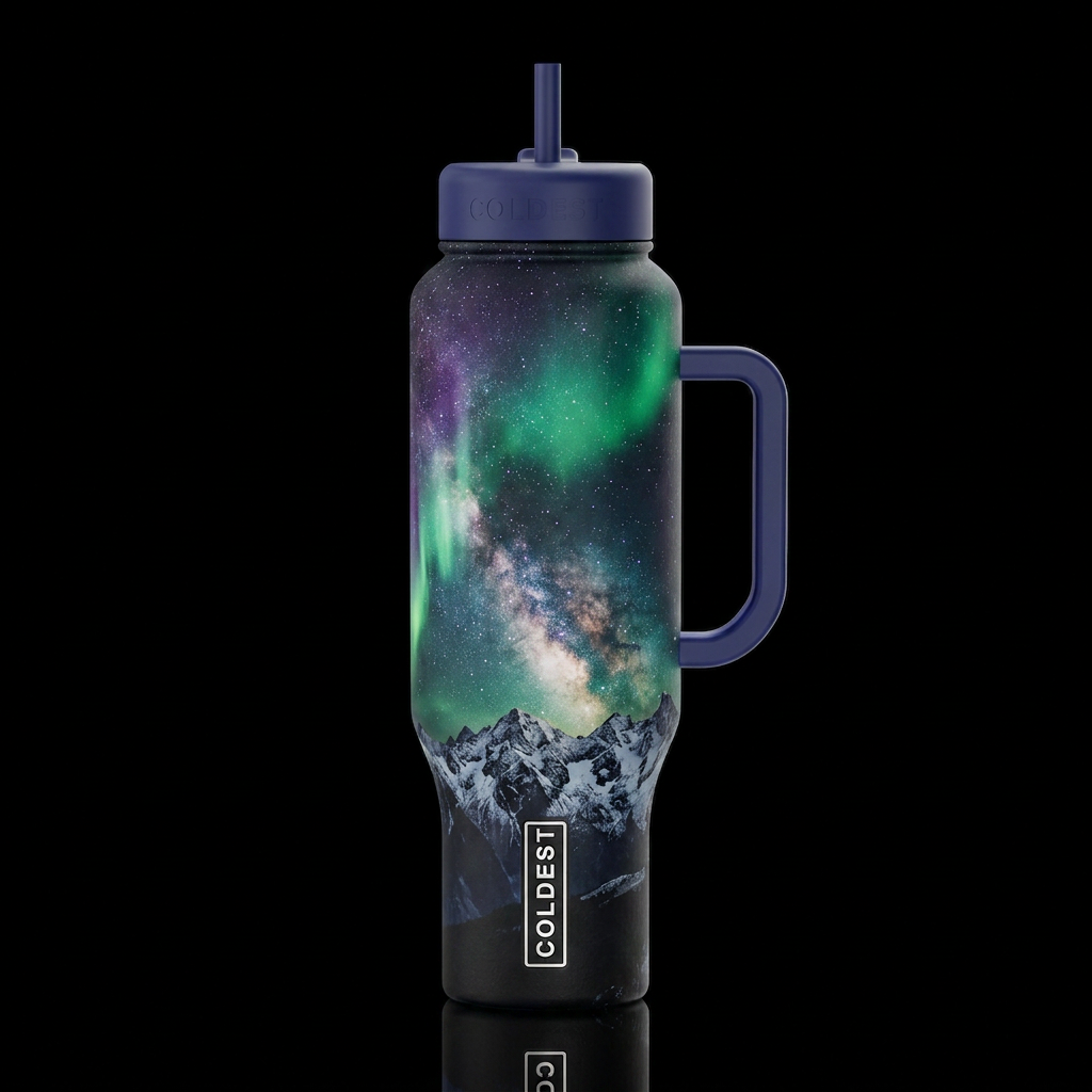 northern lights, glowie Milky Way mountains night ... water bottle design