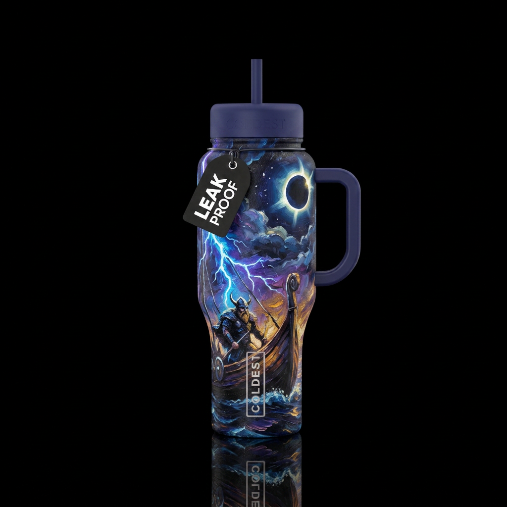 Viking on a boat in a electrical rain storm at nig... water bottle design