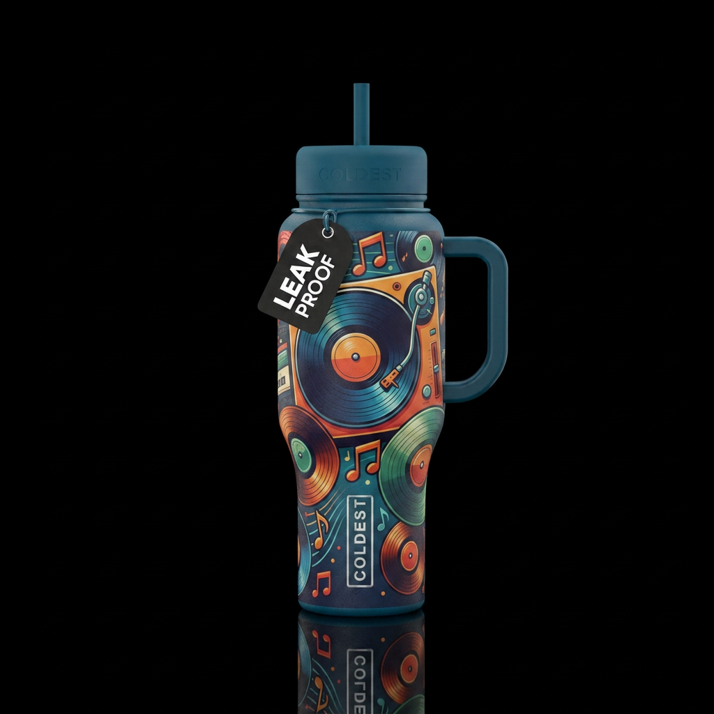 turntable vinyl records music notes, retro, artist... water bottle design