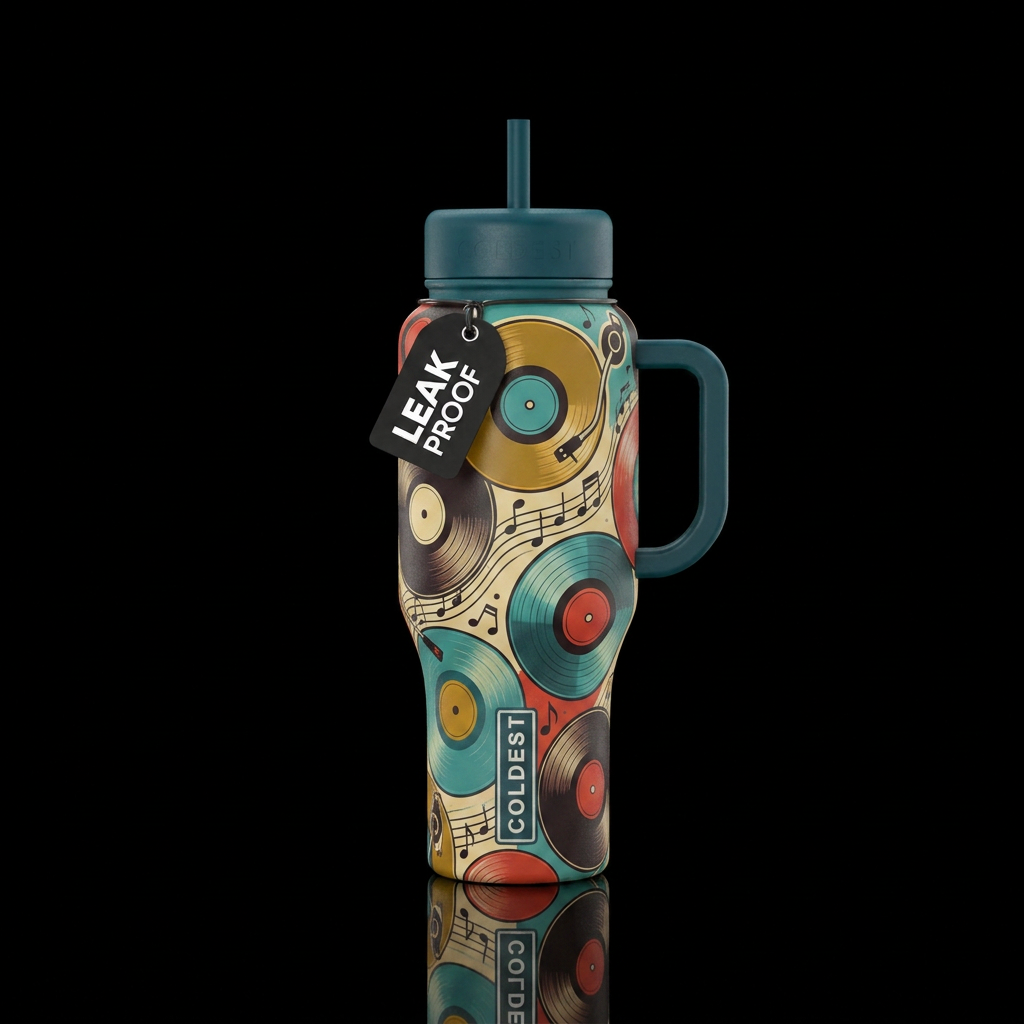 turntable vinyl records music notes, retro, artist... water bottle design
