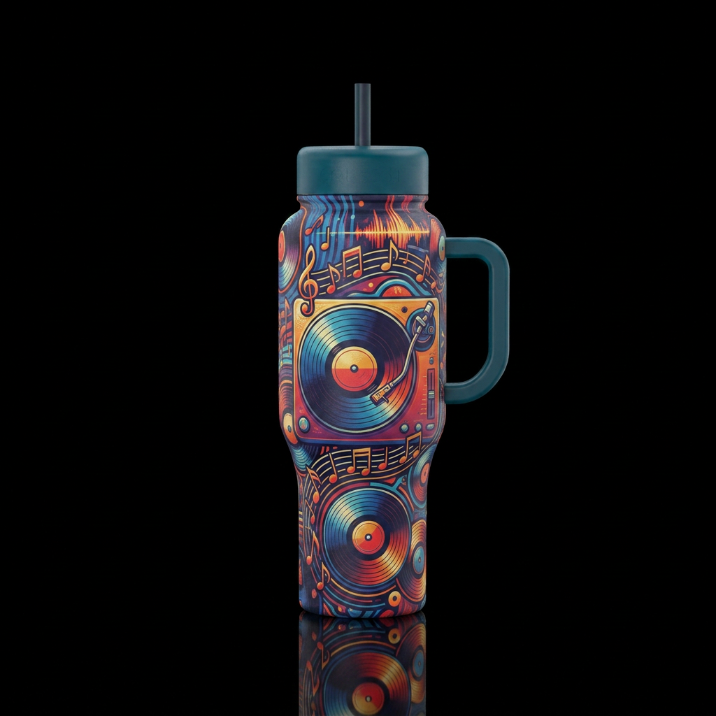 turntable vinyl records music notes, retro, artist... water bottle design