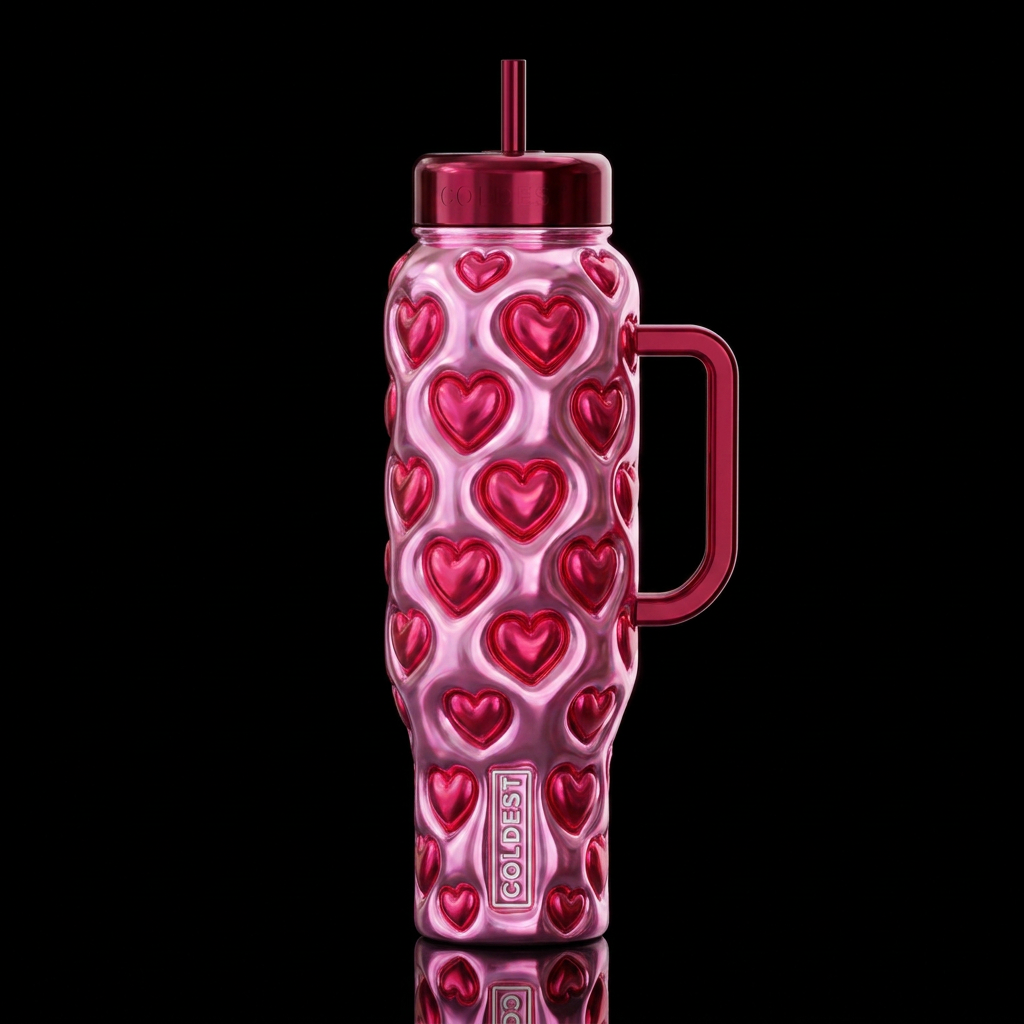 shiny, glowie pink red hearts, iridescent chrome water bottle design