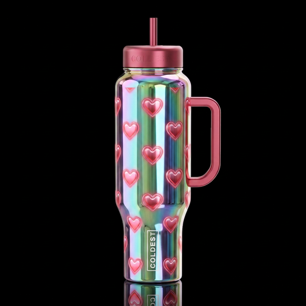 shiny, glowie pink red hearts, iridescent chrome water bottle design