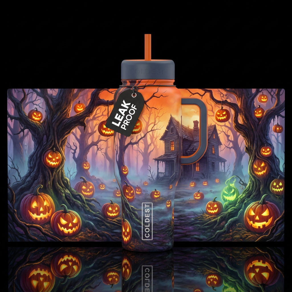 house, scary, foggy morning, glowie haunted ghost ... water bottle design