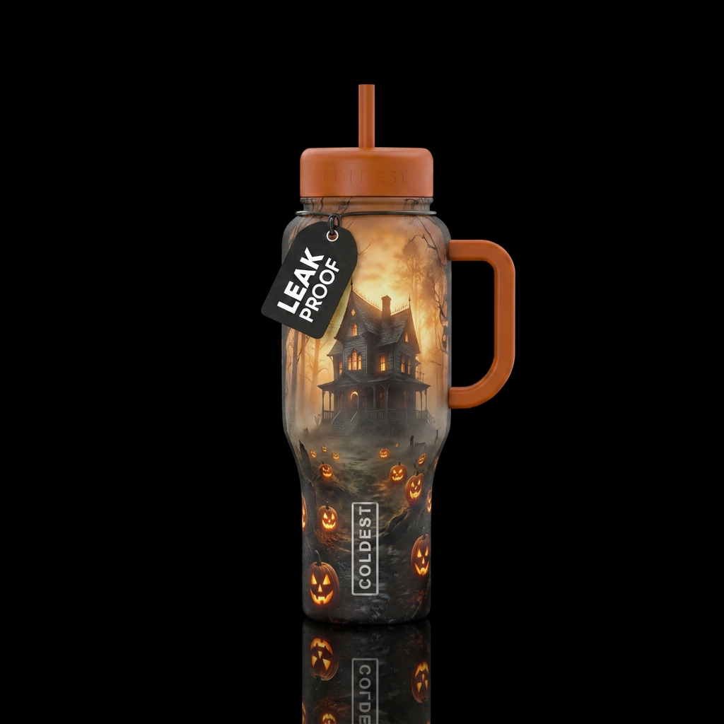 house, scary, foggy morning, glowie haunted ghost ... water bottle design