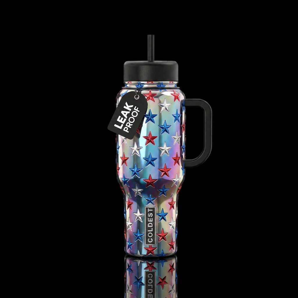 Red white and blue stars chrome shiny, irridescent water bottle design