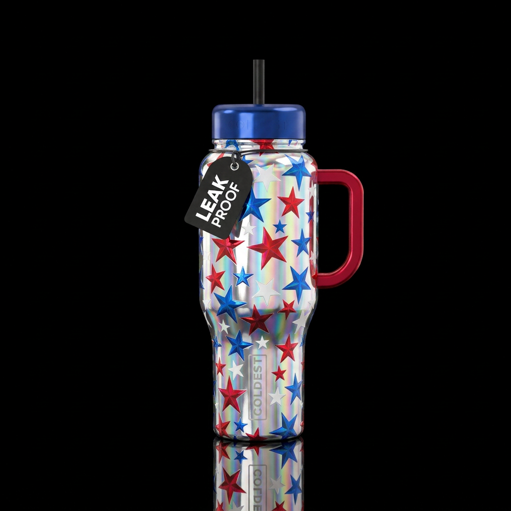 Red white and blue stars chrome shiny, irridescent water bottle design