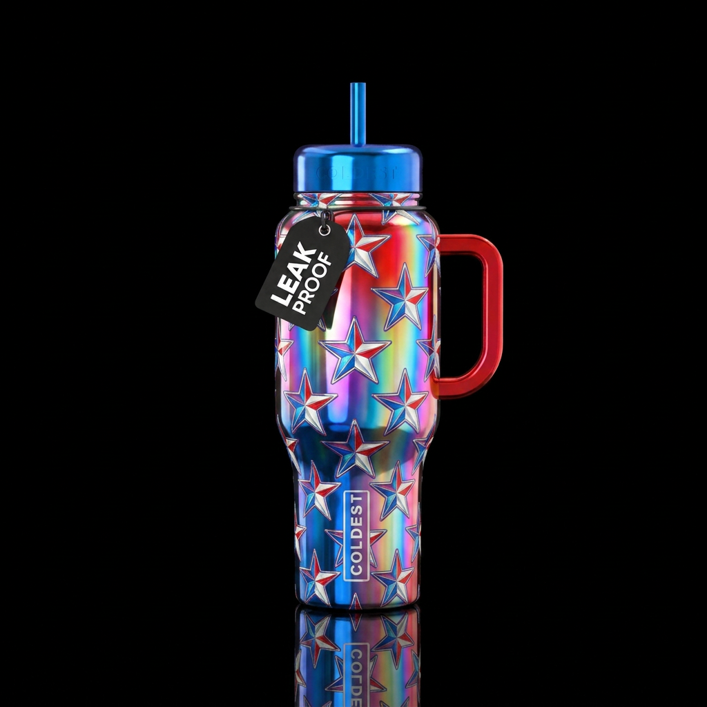 Red white and blue stars chrome shiny, irridescent water bottle design
