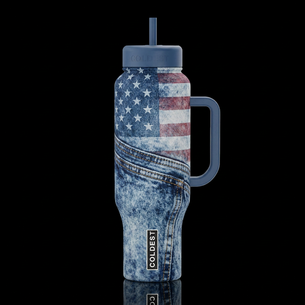 acid wash  American flag blue jeans shiny, realism water bottle design