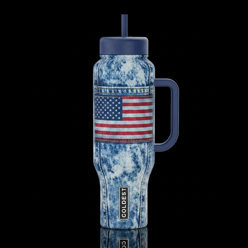 acid wash  American flag blue jeans shiny, realism water bottle design