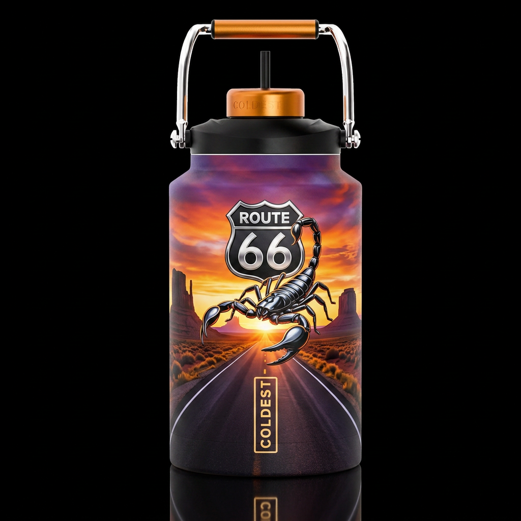 Black scorpion chrome route 66 Arizona Mesa sunset... water bottle design