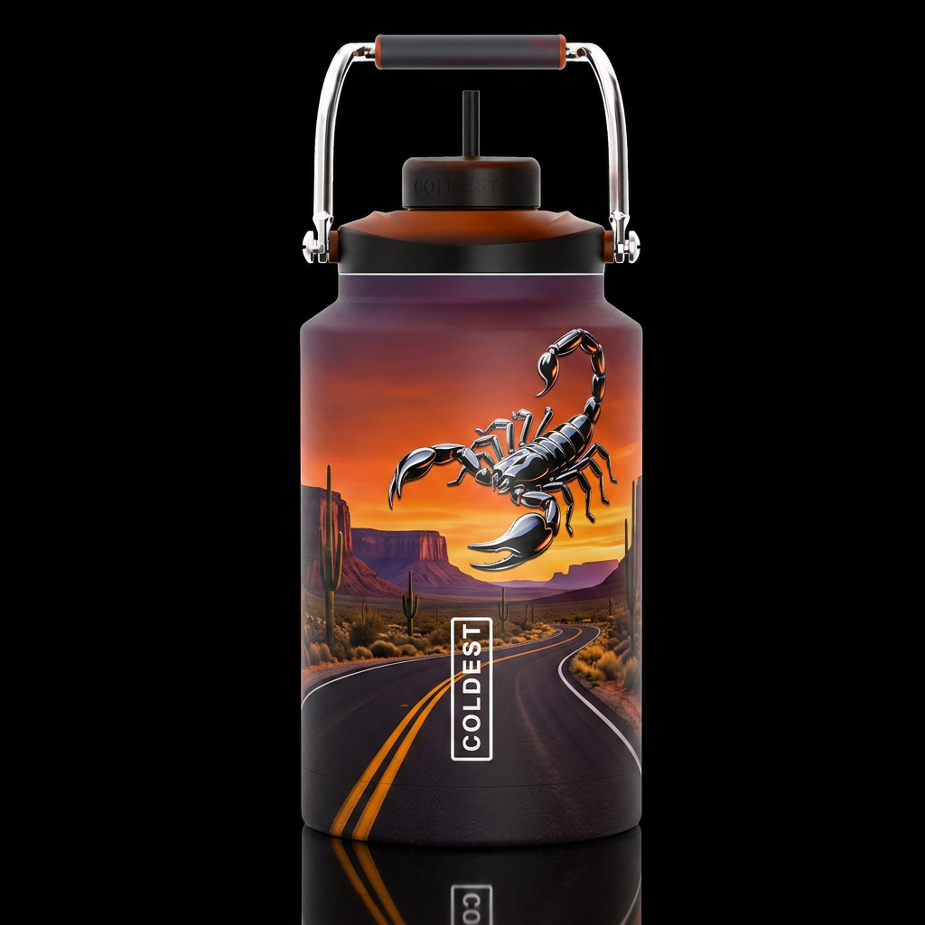 Black scorpion chrome route 66 Arizona Mesa sunset... water bottle design