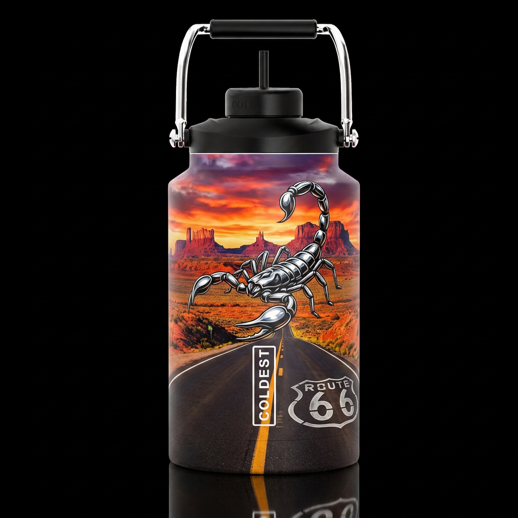 Black scorpion chrome route 66 Arizona Mesa sunset... water bottle design
