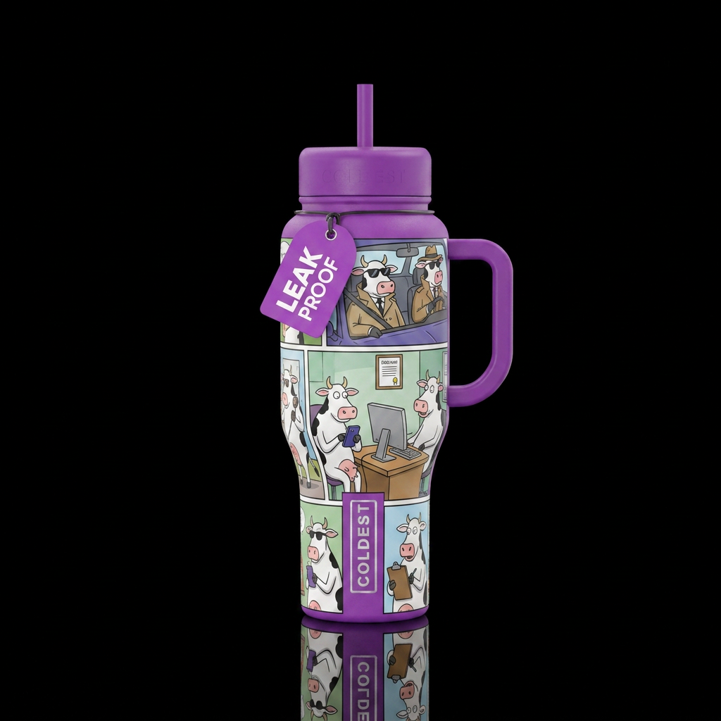 Far side comic book funny cartoon characters cows water bottle design