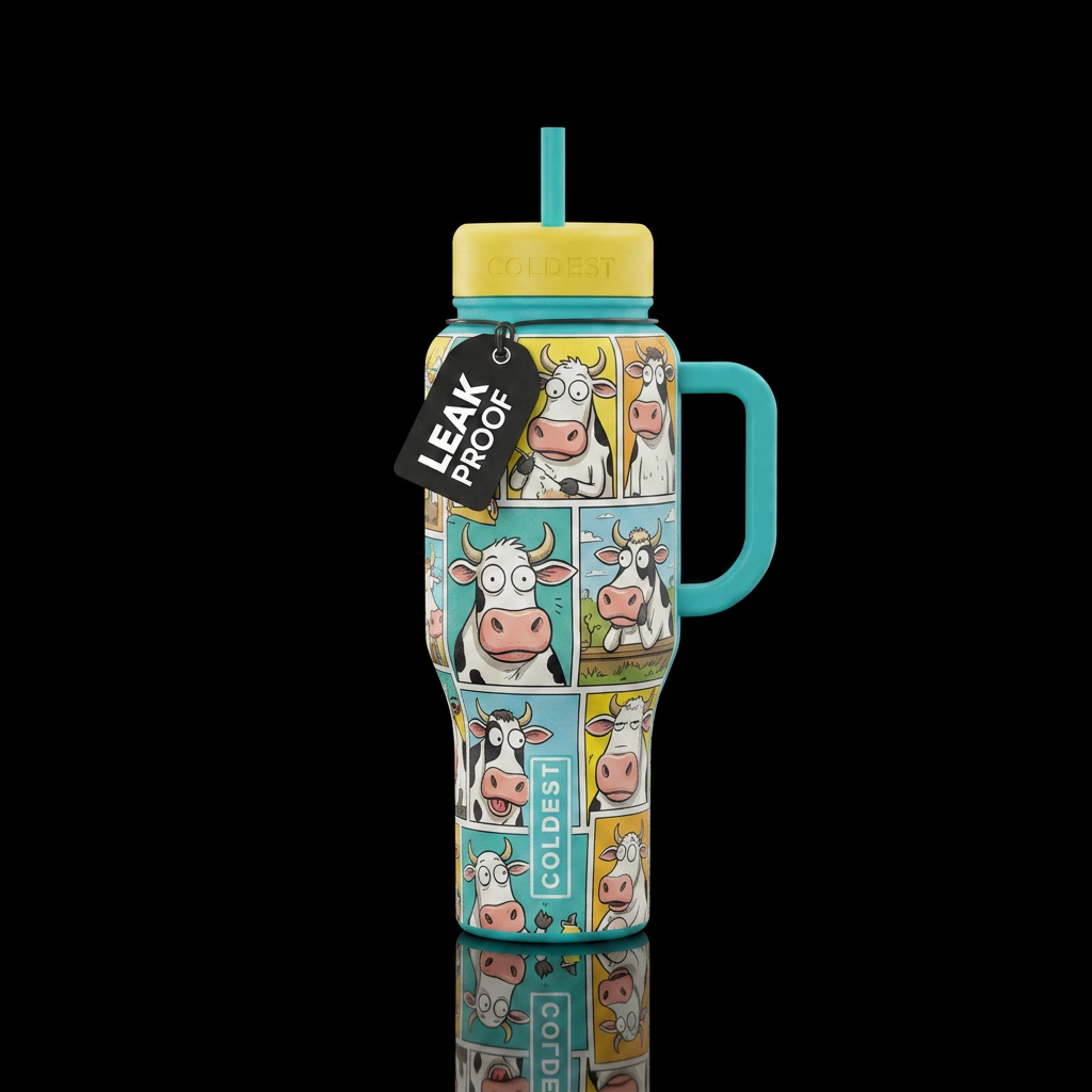 Far side comic book funny cartoon characters cows water bottle design