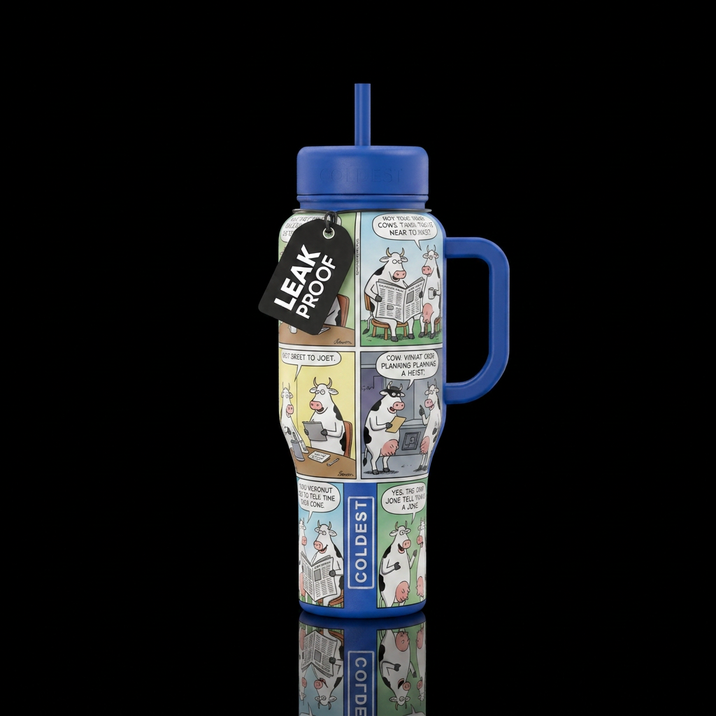 Far side comic book funny cartoon characters cows water bottle design