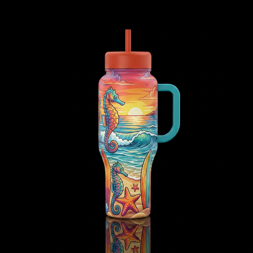Sea horse star fish surf boards beach ocean sunset water bottle design