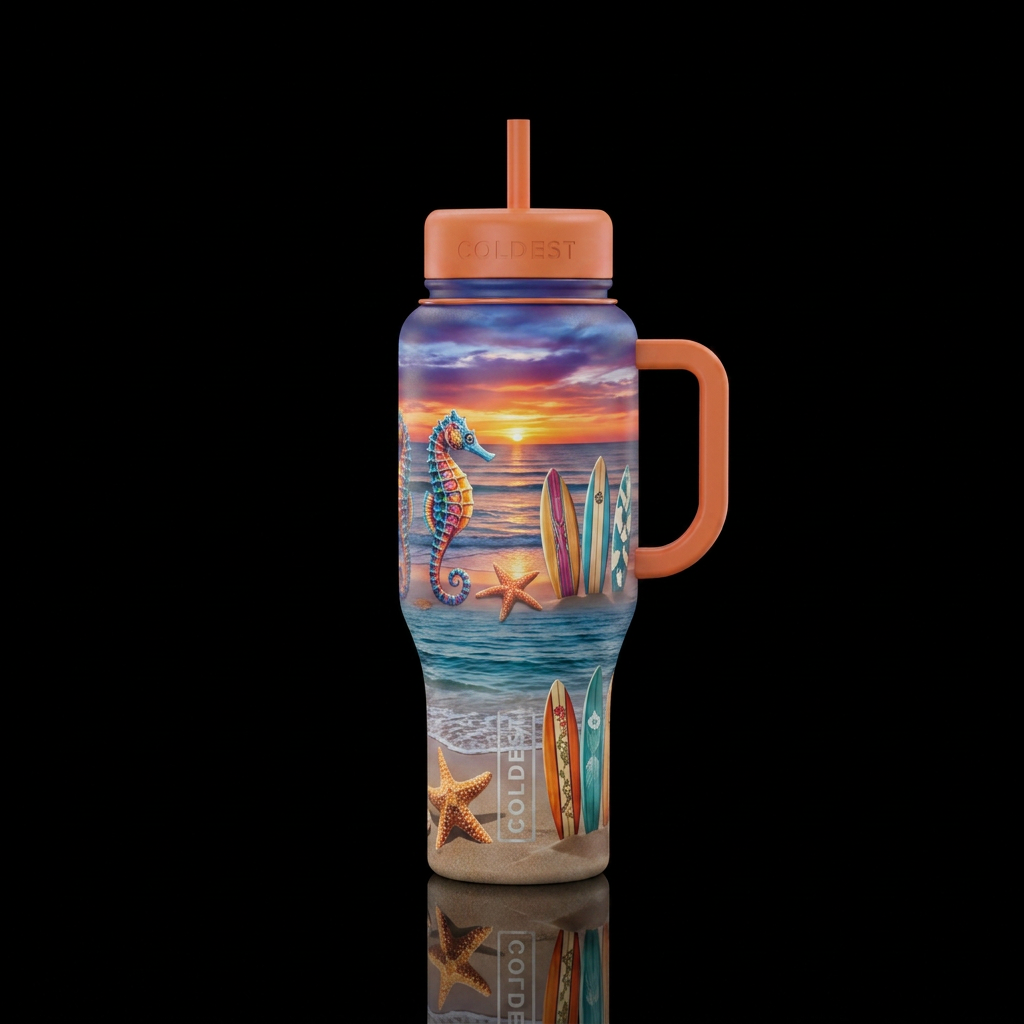 Sea horse star fish surf boards beach ocean sunset water bottle design
