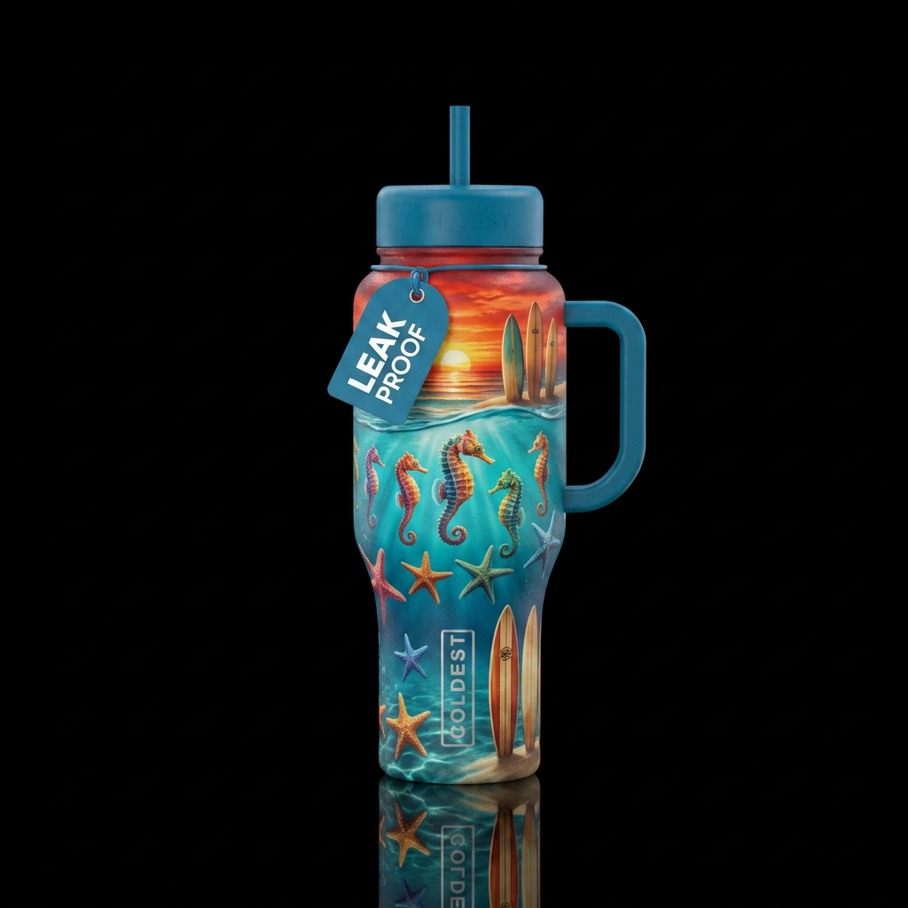 Sea horse star fish surf boards beach ocean sunset water bottle design