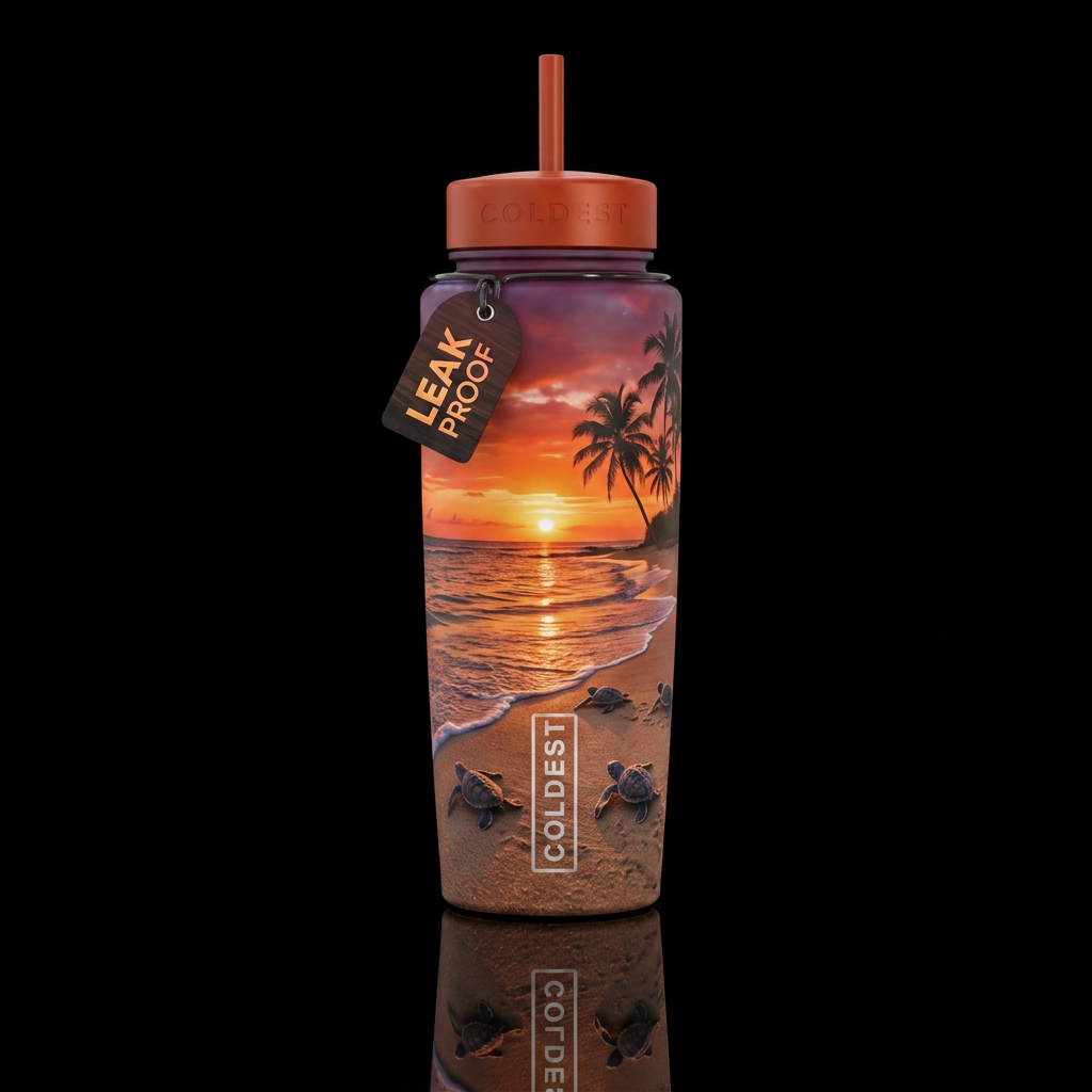 ocean beach palm trees sea turtles crawling in the... water bottle design