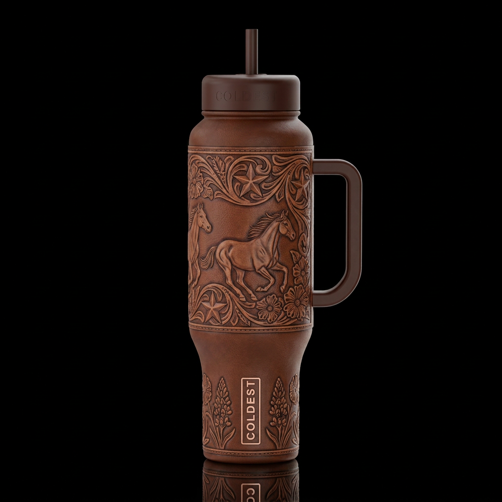 leather horse star, wildflowers western, realism water bottle design