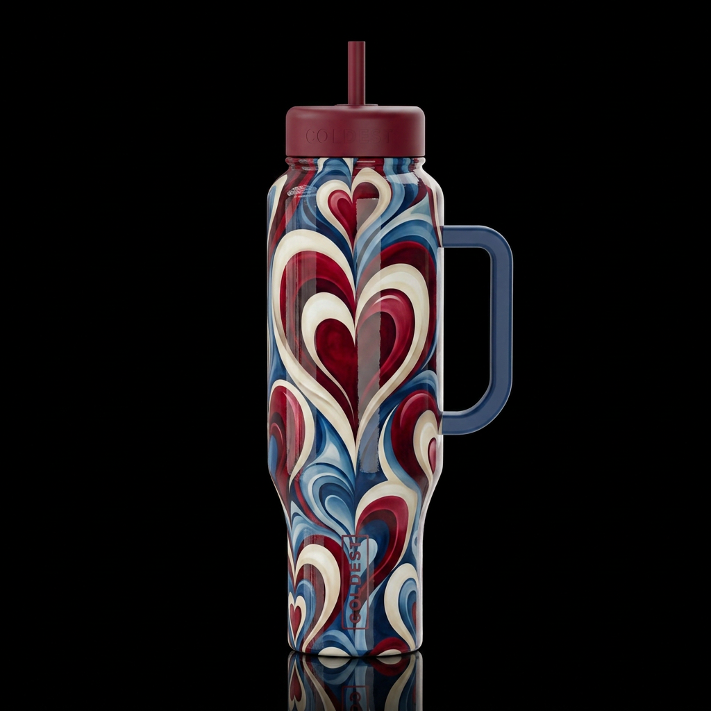 Velvet red white and blue heart's surrealism moder... water bottle design