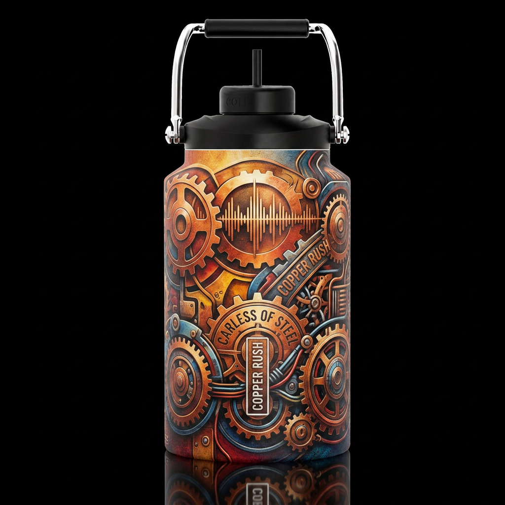 Copper Rush carless of steel album water bottle design