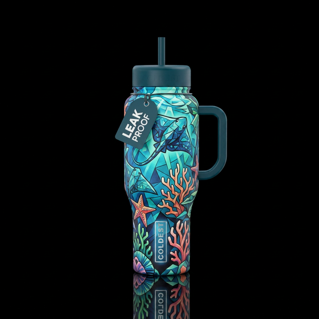 cubist, underwater, stingray starfish coral, glowi... water bottle design