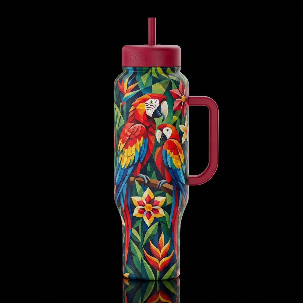 macaw jungle flowers cubist water bottle design
